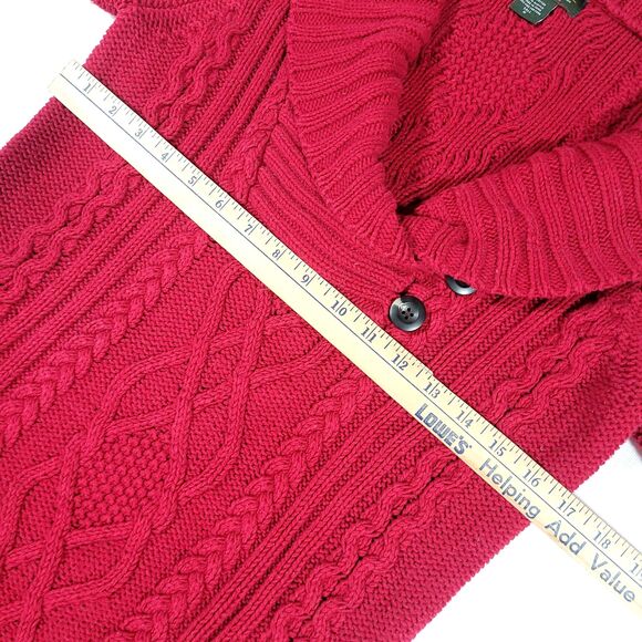 Y2K Cable knit Cowl Neck Button Sweater Eddie Bauer M Tall Red Chunky Preppy - Picture 7 of 14